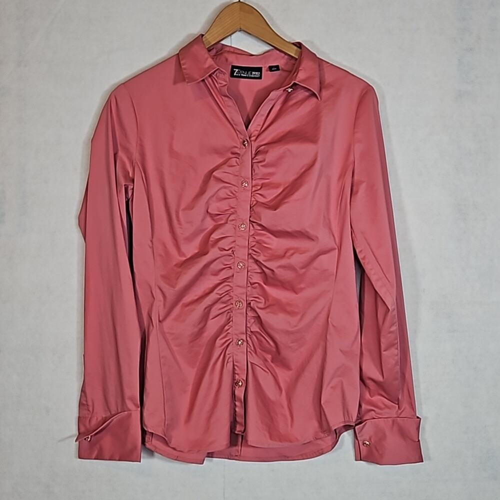 New York & Company Mauve Pink Ruched Button Up Shirt Rhinestone Small